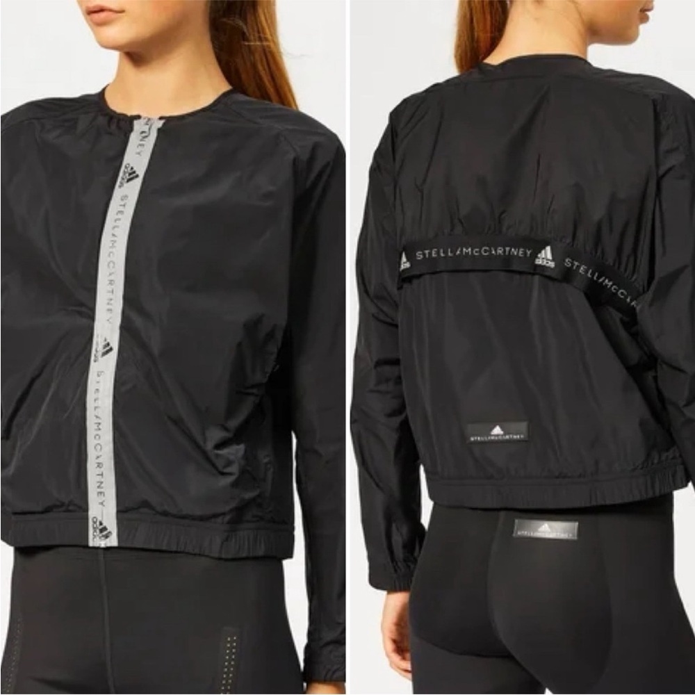 Adidas By Stella McCartney Black Bomber Jacket Logo Pockets Collarless Womens L